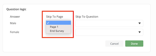 For each choice you can select the page you want to skip the respondent into (Optional)