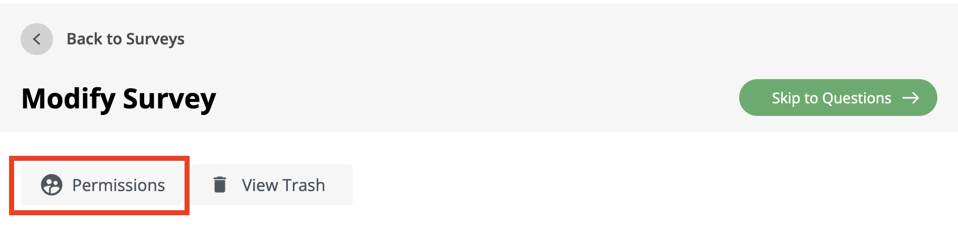 From survey details page, click on Permissions button