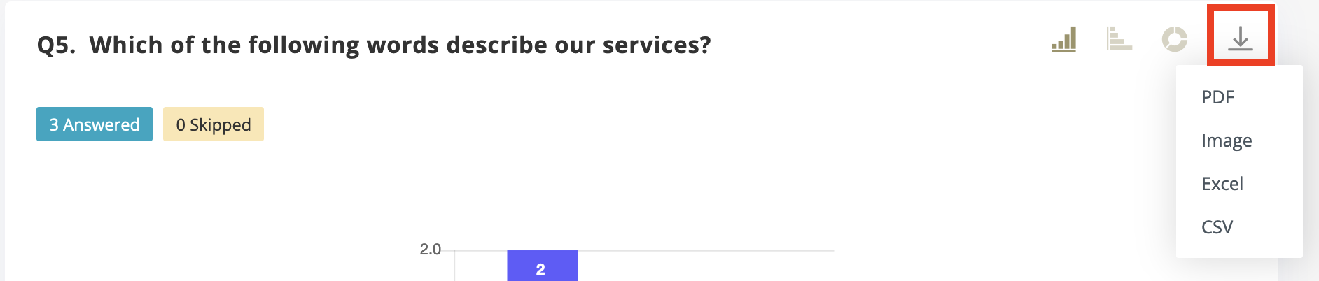 To export results for specific question, place the mouse over Export button next to the question and then select the export format